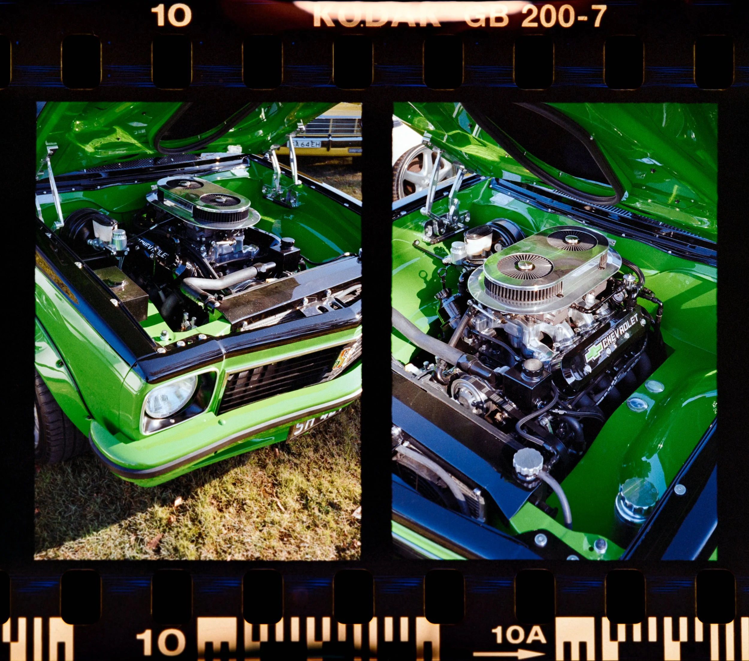 Diptych of a Green car, shot on the Pentax 17