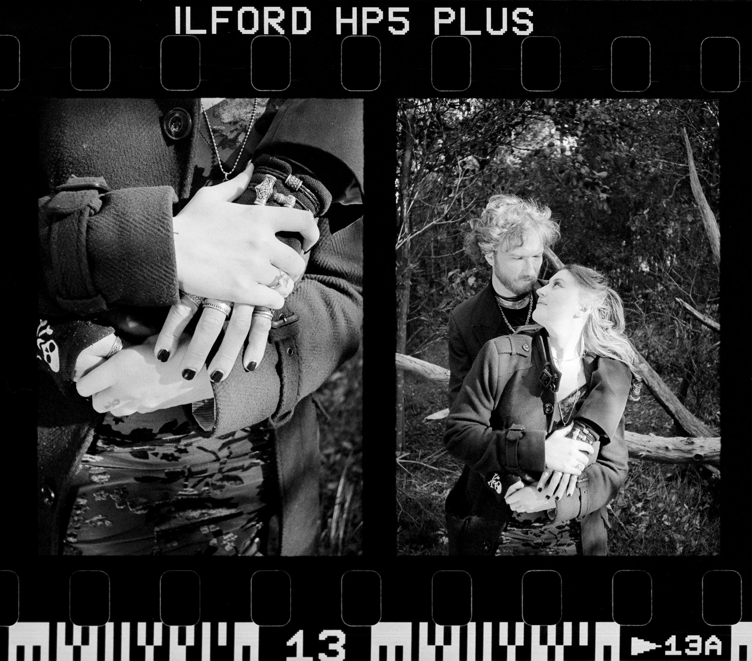 Detail shots of Nick and Mel's hands, and them holding one another