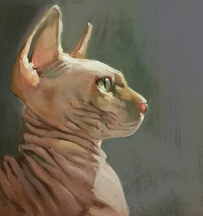 A painting of a Sphynx cat in profile view, showing its hairless skin and green eye, against a muted background.