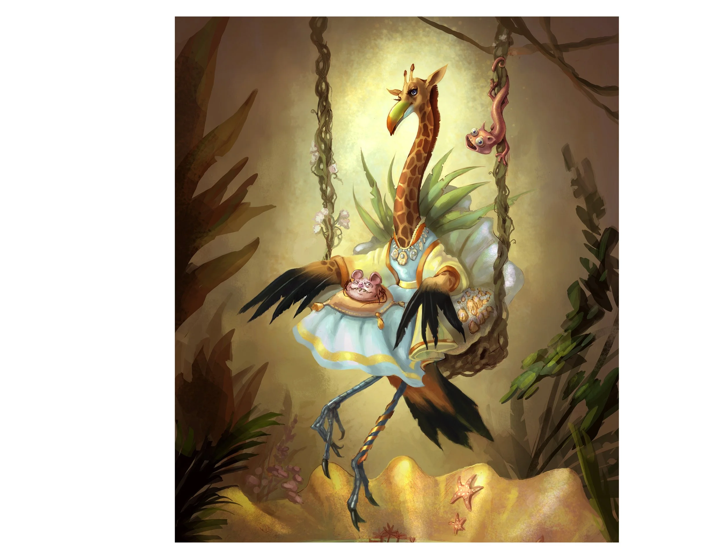 A whimsical illustration of a giraffe with makeup makeup and wearing a necklace, sitting on a tree branch with a monkey hanging beside it. The scene is set in a jungle with lush foliage and glowing stars on the ground.