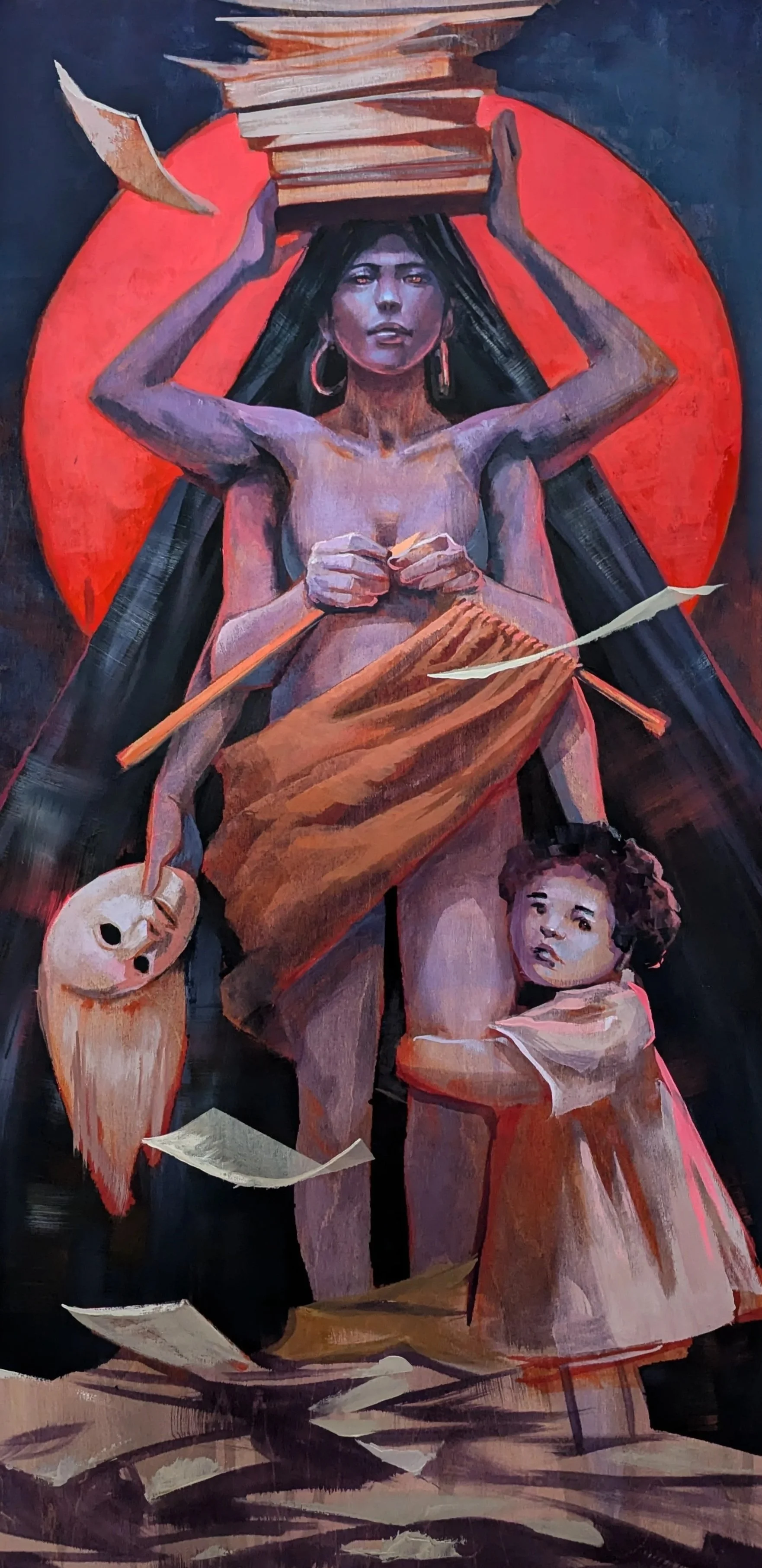 A painting of a woman with long black hair, holding a stack of books on her head, and a young girl hugging her leg. The woman is topless, draped in a brown cloth, and has large hoop earrings. The background has a red circle behind her and dark surrou