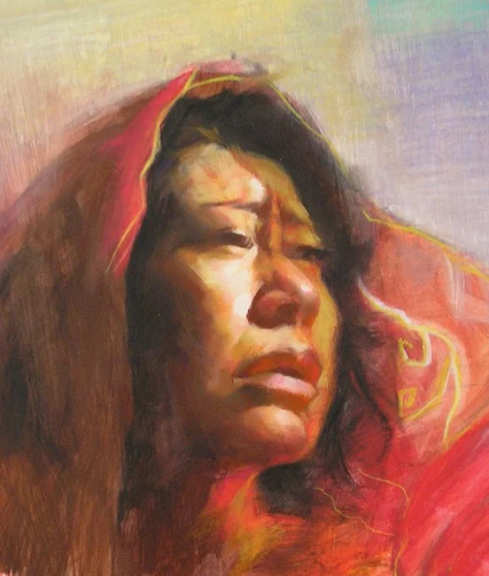A painting of a woman with closed eyes and an expression of pain or sorrow, wearing a red hooded garment.