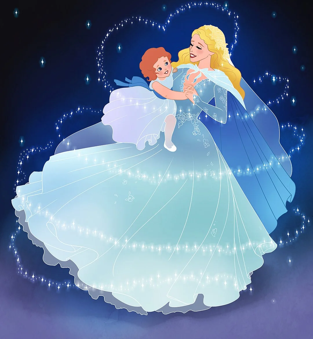 An illustration of a client as Cinderella featuring her and her daughter, both dressed in elegant gowns, surrounded by glowing sparkles and stars.