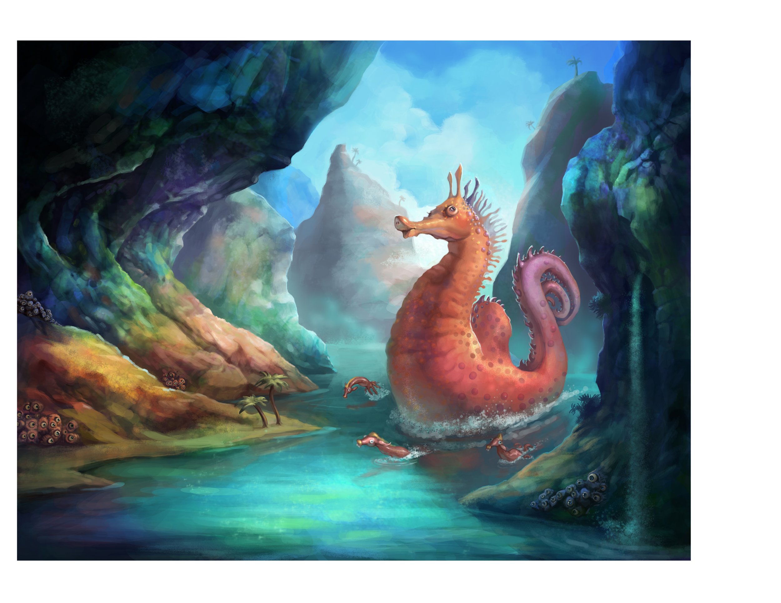 Colorful digital painting of an underwater scene with a seahorse and fish in a cavern with cliffs, water, and sky in the background.