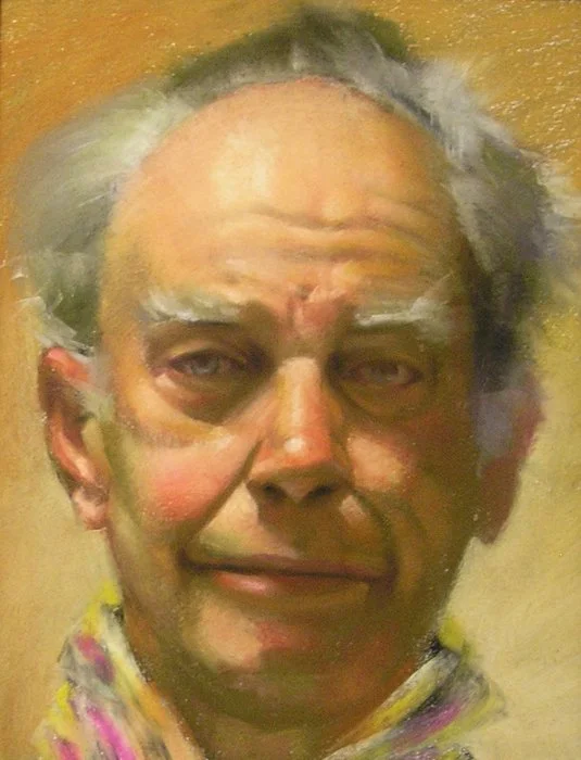 A painting of an elderly man with gray hair, wearing a colorful garment, with a neutral background.