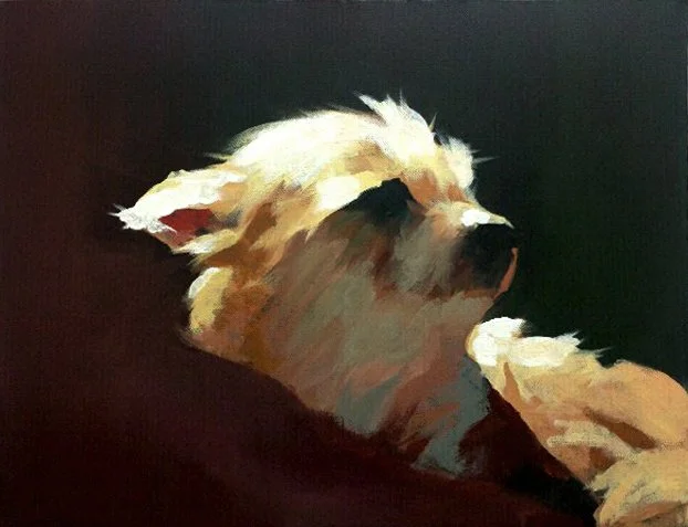 Painting of a dog resting with closed eyes, fur in shades of white and light brown.