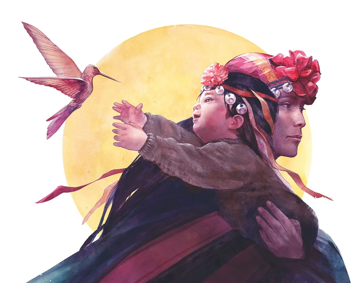 Watercolor illustration of two girls, an older girl and a younger girl, embracing with the younger girl reaching towards a pink hummingbird. They wear traditional headpieces with ribbons and beads, and a large yellow circle behind them suggests the s