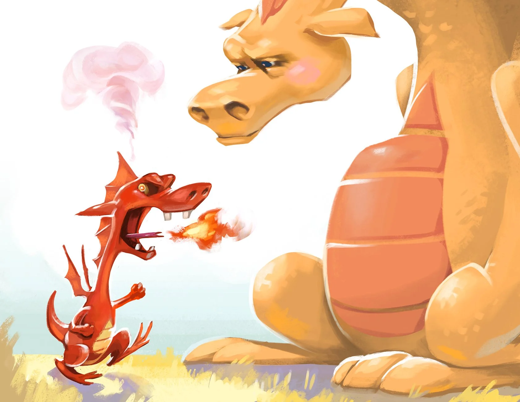 A cartoon illustration of a red, fire-breathing dragon facing off against a large orange dragon with a tan face and a volleyball-sized body, in a grassy outdoor setting.