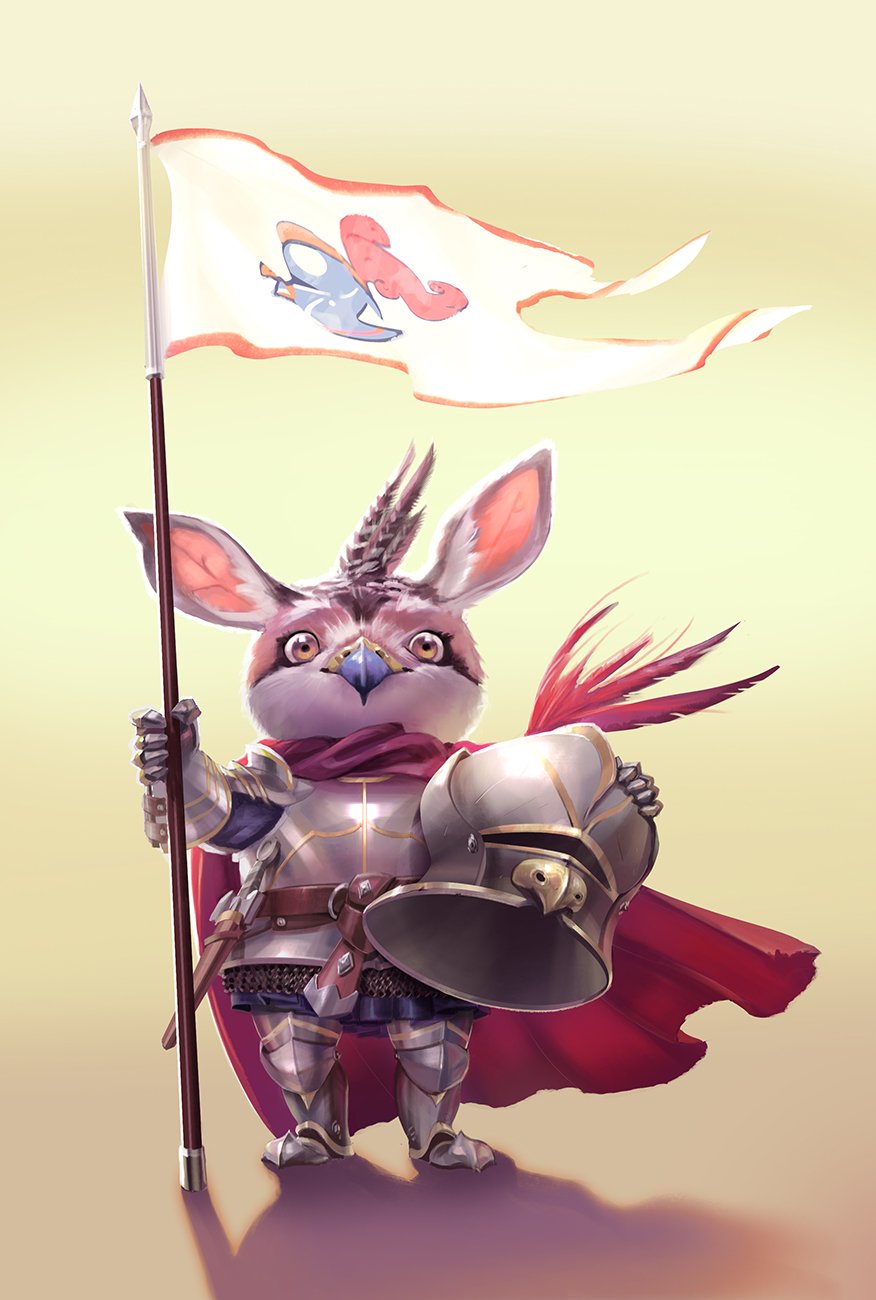 A cartoon animal character dressed as a knight holding a flag and a shield, with a red cape and armor, standing on a plain background.