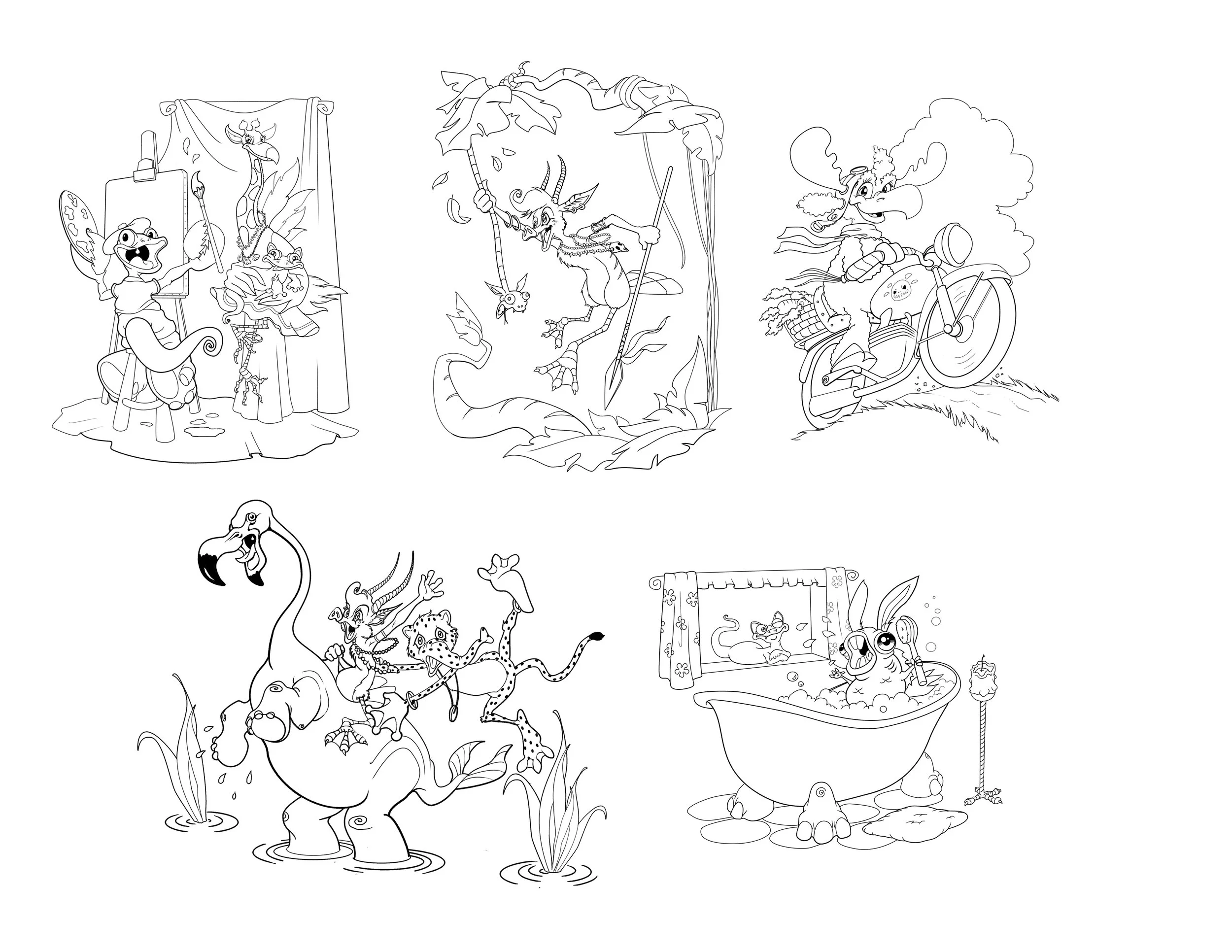 A line drawing of various fantastical creatures and scene elements, including a dragon, a bird, a dolphin, a tiger, and other animals, along with objects like a bath and a boat, all in a whimsical style.