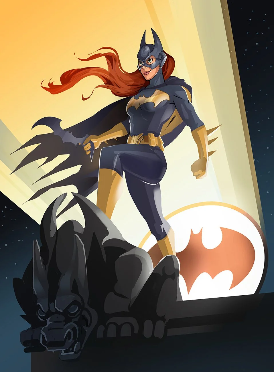 Fan Art Illustration of Batwoman in costume, standing on a ledge with a bat symbol illuminated behind her and a large bat emblem on her chest, set against a night sky background.