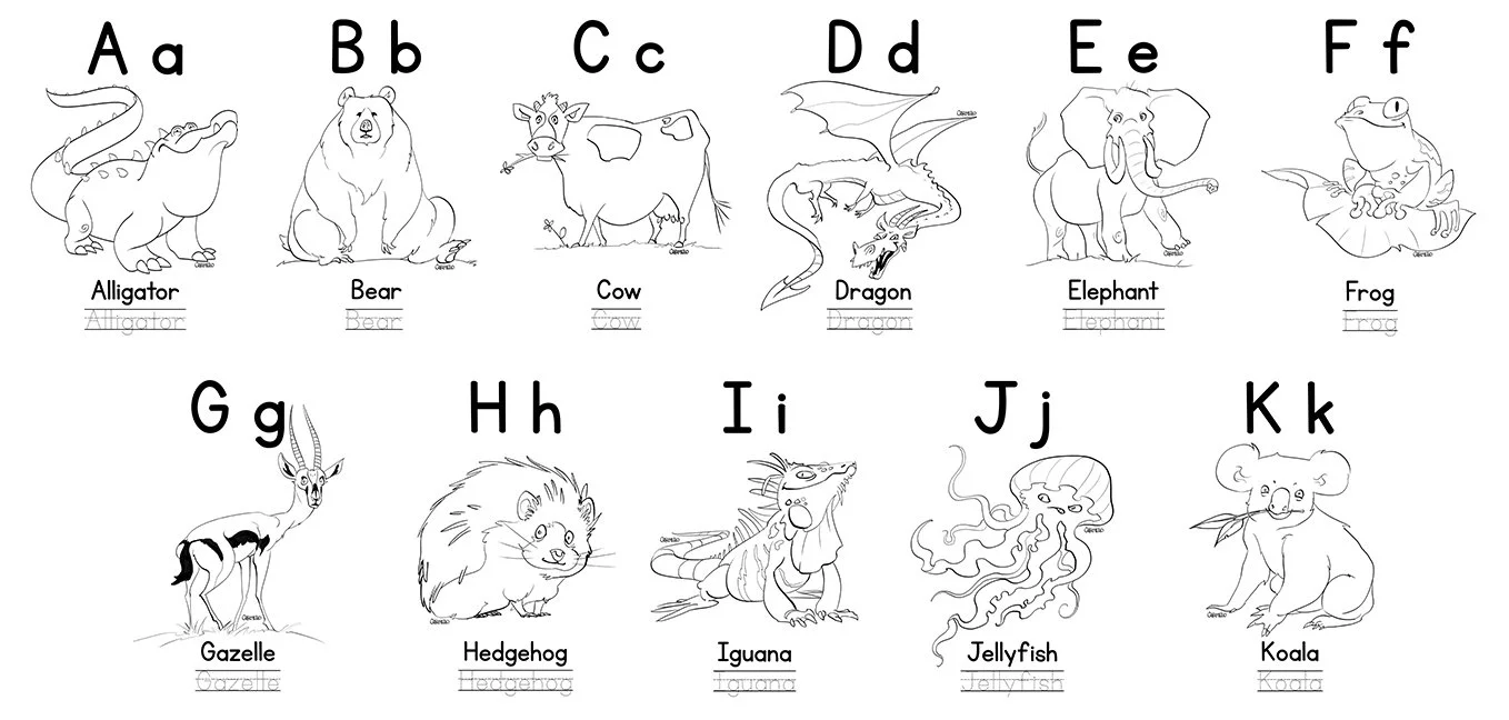 Black and white alphabet chart with illustrations of animals and their names, including alligator, bear, cow, dragon, elephant, frog, gazelle, hedgehog, iguana, jellyfish, and koala.