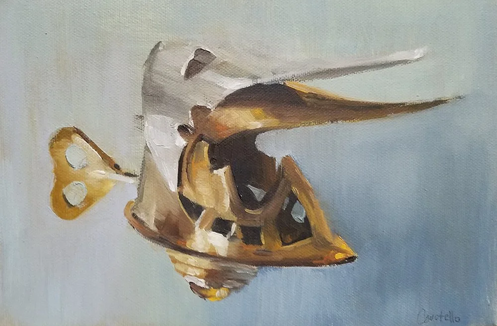 An abstract painting of a bee with brown, yellow, black, and white colors on a light blue background.