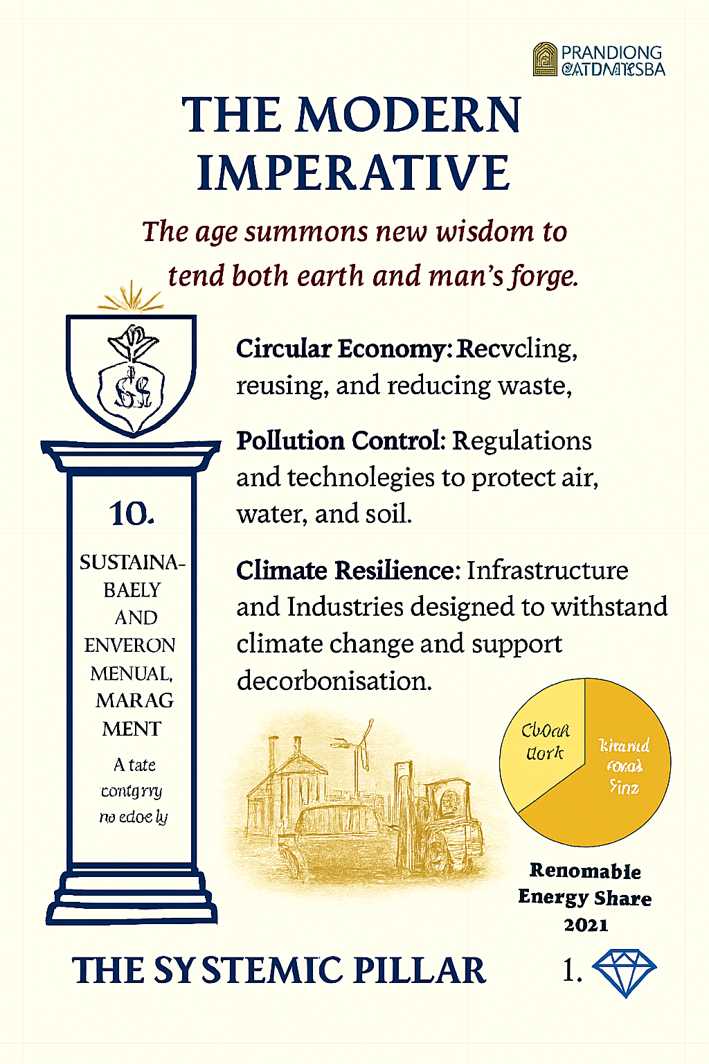 A poster titled "The Modern Imperative" discussing sustainable development, with sections on circular economy, pollution control, and climate resilience. It features a logo, a sketch of factories, a pie chart, and a diamond icon.