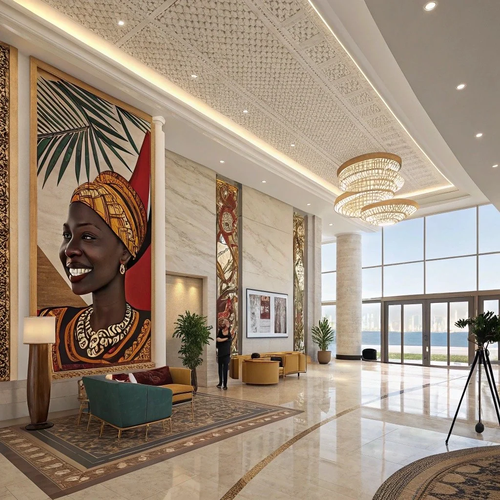 Luxurious hotel lobby with a large mural of a smiling woman wearing traditional African attire, modern furniture, and large windows overlooking a body of water.