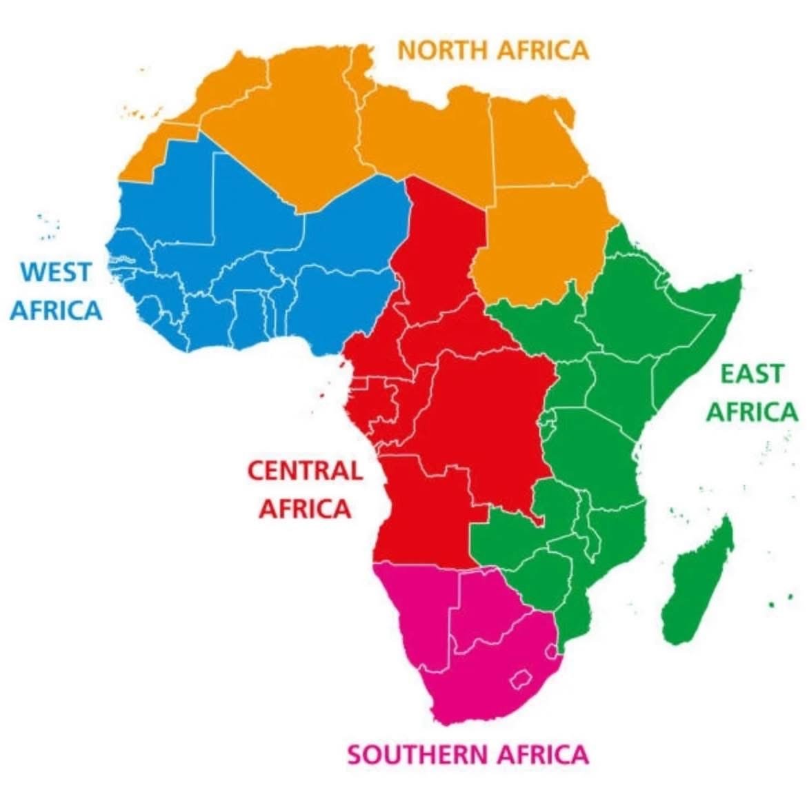 Color-coded map of Africa with regions labeled: North Africa in orange, West Africa in blue, Central Africa in red, East Africa in green, South Africa in pink.