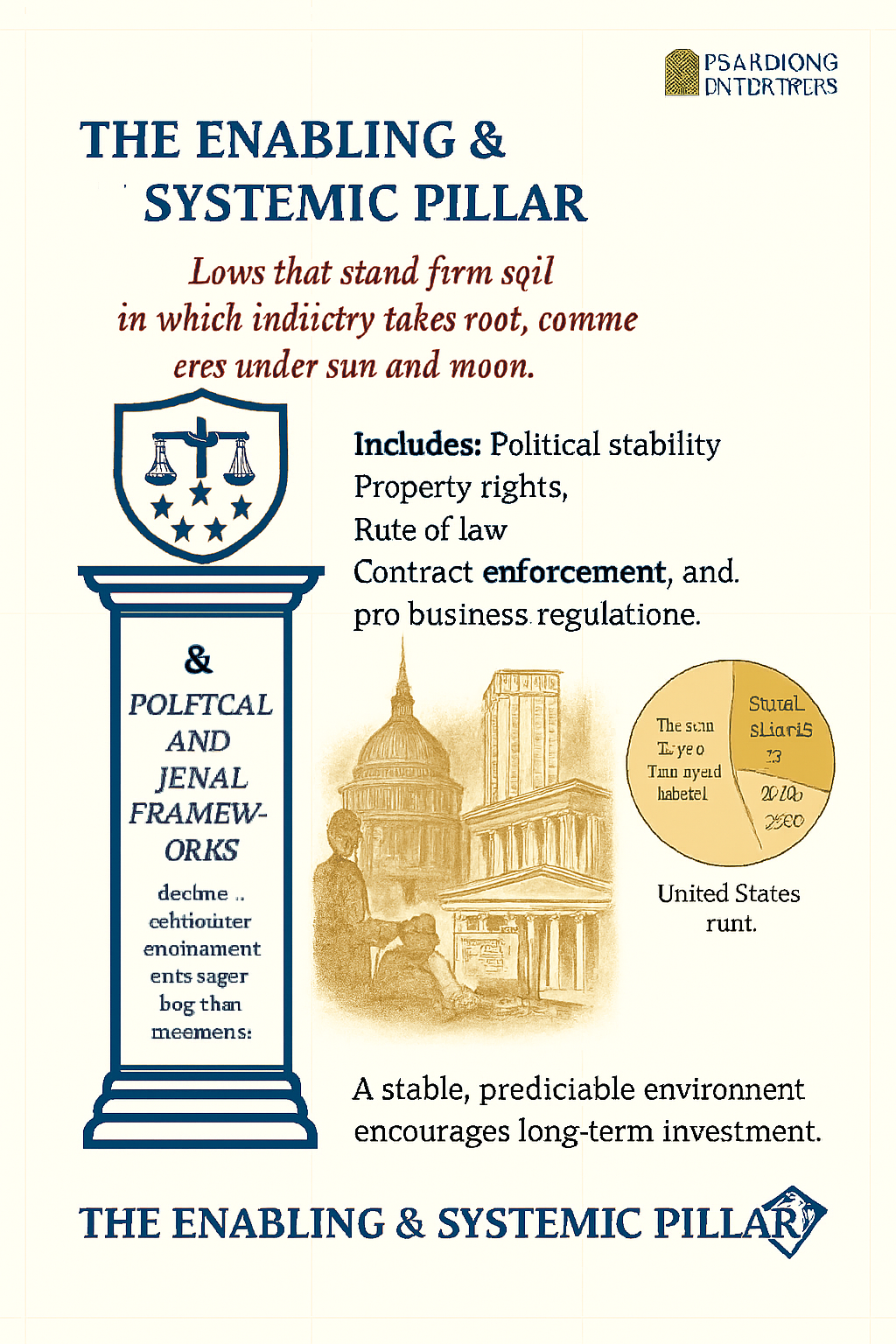 An informational poster titled "The Enabling & Systemic Pillar" discussing political stability, property rights, rule of law, contract enforcement, and business regulation, with images of government buildings, a scale symbol, and a pie chart labeled 