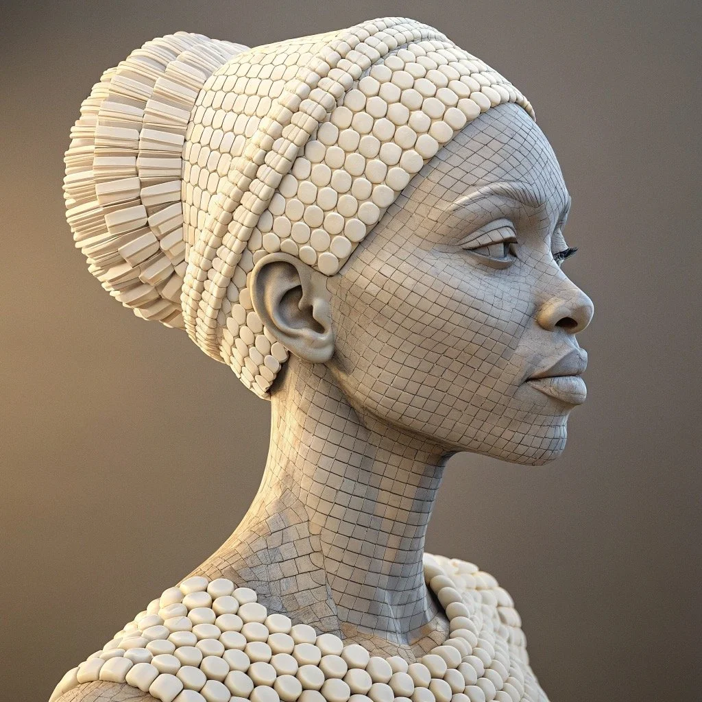 A digital 3D rendering of a woman with detailed facial features, wearing a traditional headwrap and necklace, with a grid pattern over her face and neck indicating a digitized or modeling process.