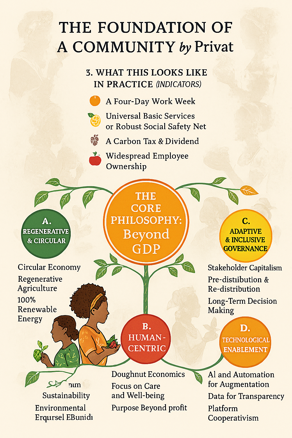 Infographic titled "The Foundation of a Community" with four sections of core philosophy: regenerative and circular economy, human-centric focus, adaptive and inclusive governance, and technological enablement, illustrating principles for sustainable