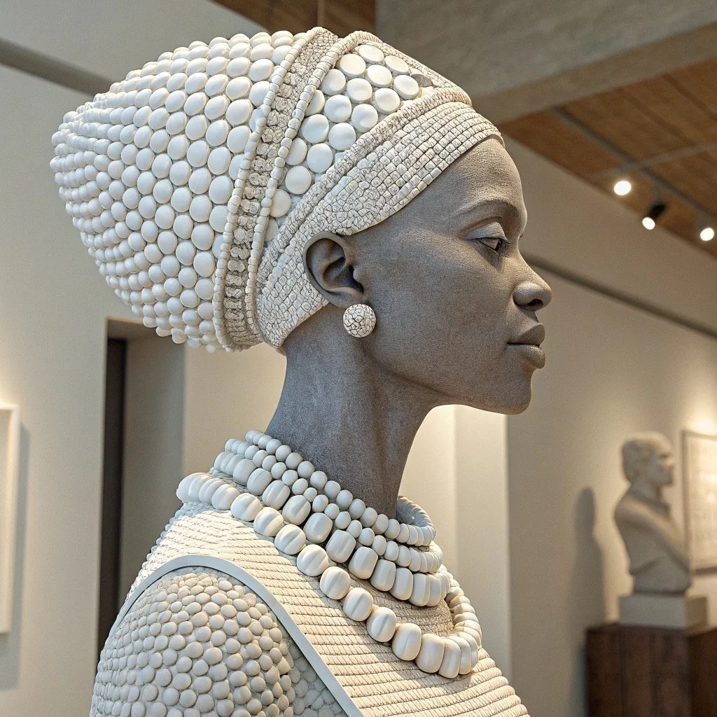 White sculpture of a woman wearing a large beaded headwrap, earrings, and multiple necklaces, displayed in a gallery setting.