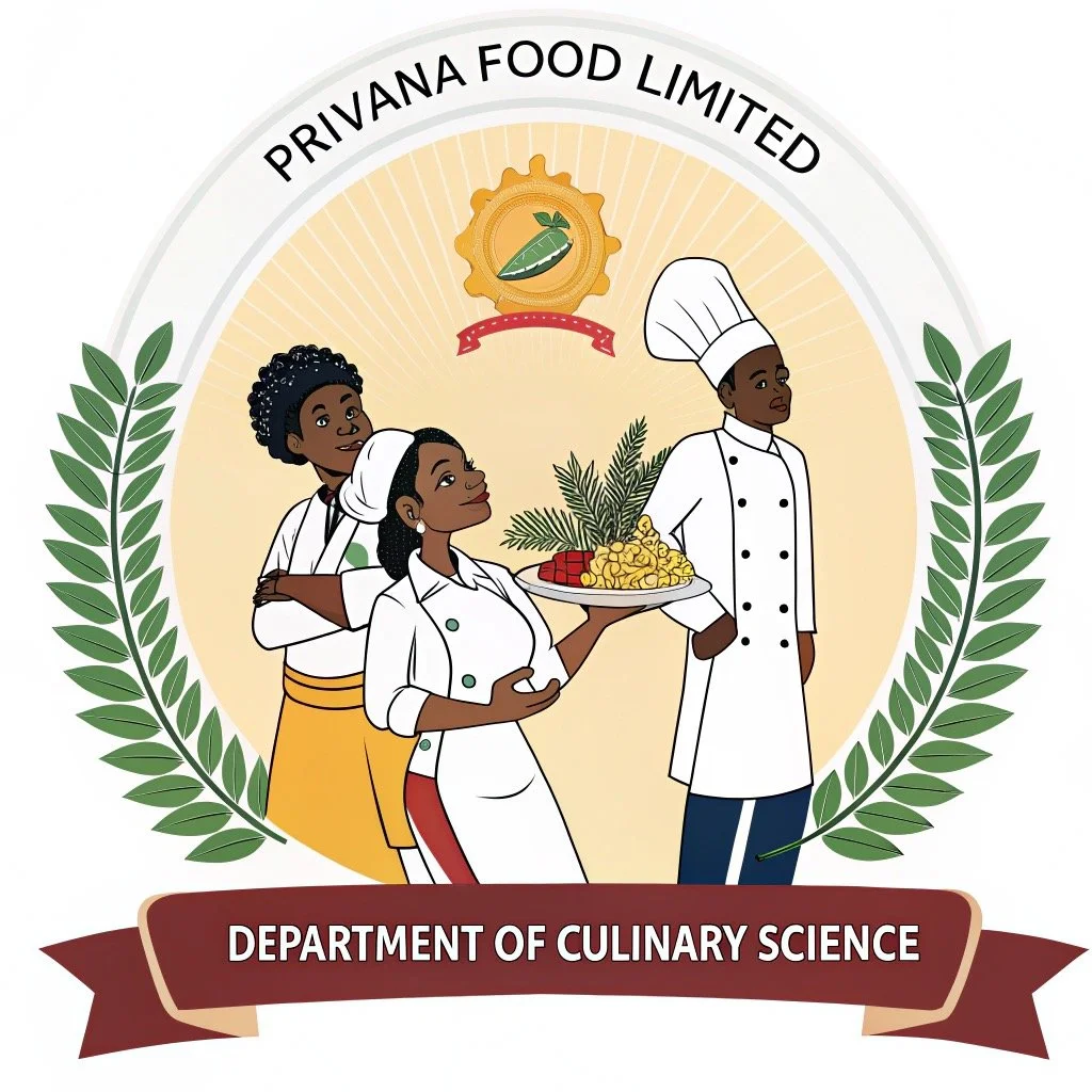 Illustration of four culinary students dressed in chef uniforms, one holding a tray of pasta and ingredients, with a banner reading 'Department of Culinary Science' and a badge with a green leaf emblem, surrounded by laurel branches.