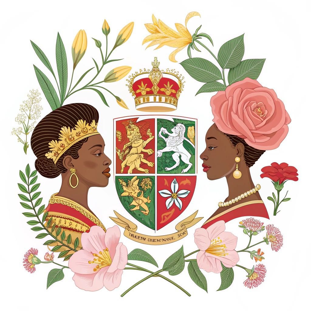 Illustration of two women facing each other, surrounded by flowers, with a royal crest and shield in the center.