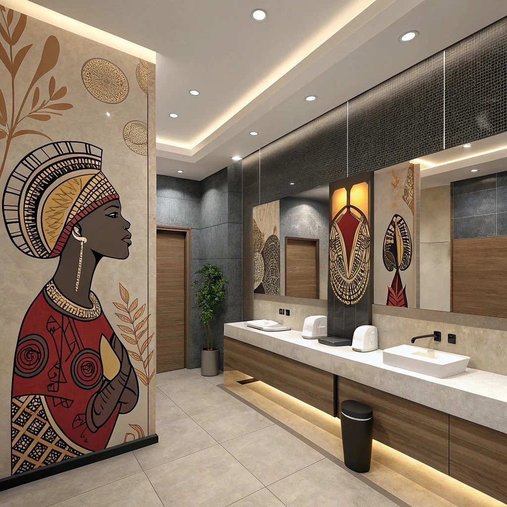 A modern bathroom with earthy decor and African-inspired artwork, featuring a long white countertop with two sinks, mirrors, and a plant in the corner.