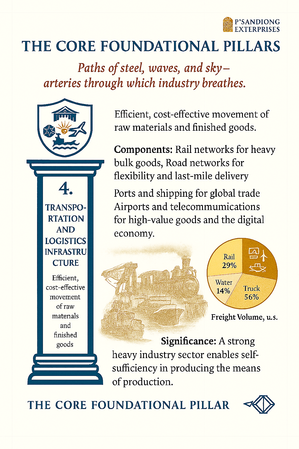 Infographic about transportation and logistics infrastructure, featuring a shield logo, an illustration of a freight train, and a pie chart showing freight volume percentages: rail 29%, water 14%, truck 56%.
