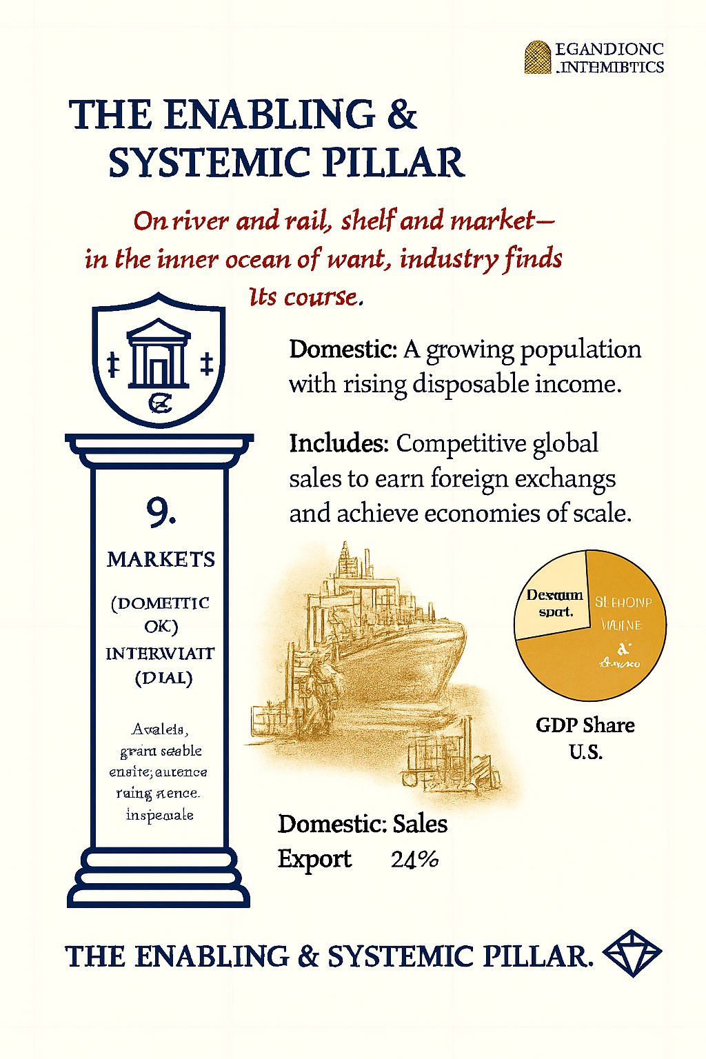 Infographic about markets, depicting a cargo ship, a pie chart of GDP share, and text discussing domestic sales and exports.