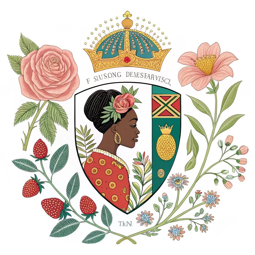 Illustration of a crest or emblem featuring a woman with dark skin and a styled black headwrap adorned with flowers, surrounded by pink roses, strawberries, and other colorful flowers, topped with a crown, and containing various decorative elements and text.