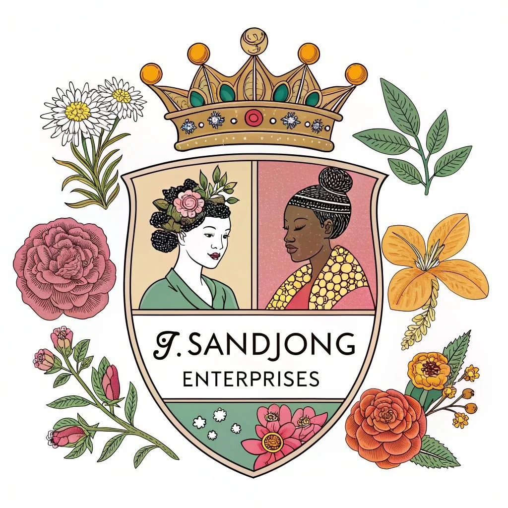 A logo featuring a crown above two women with different skin tones and hairstyles inside a shield. The shield displays the text "J. Sandjong Enterprises" and is decorated with flowers and leaves around it.