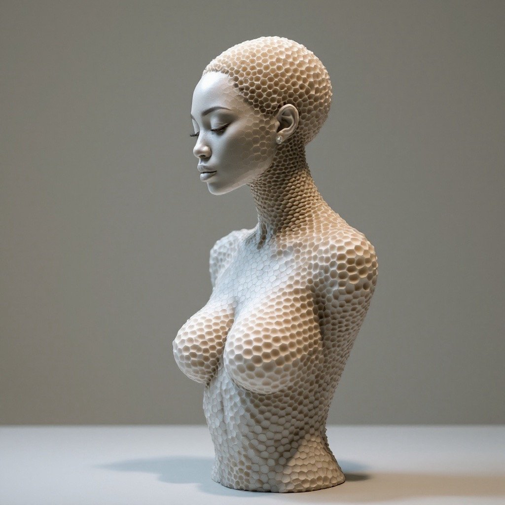 An art sculpture of a woman with a honeycomb pattern, showing a realistic human face and an abstract body, displayed on a white surface against a plain grey background.