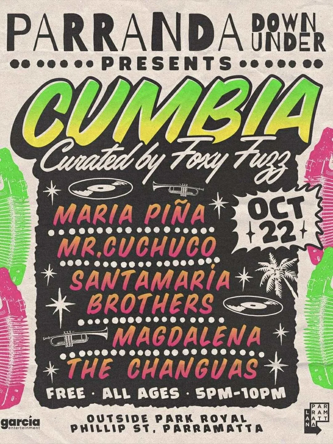 🎶 PARRANDA DOWN UNDER presents: CUMBIA curated by @_foxy_fuzz 🎶

As part of Parramatta Lanes in The Latin Quarter, join us on Wednesday, Oct 22 for Parranda Down Under where La Foxy Fuzz brings together an incredible lineup of DJs, selectors, colle