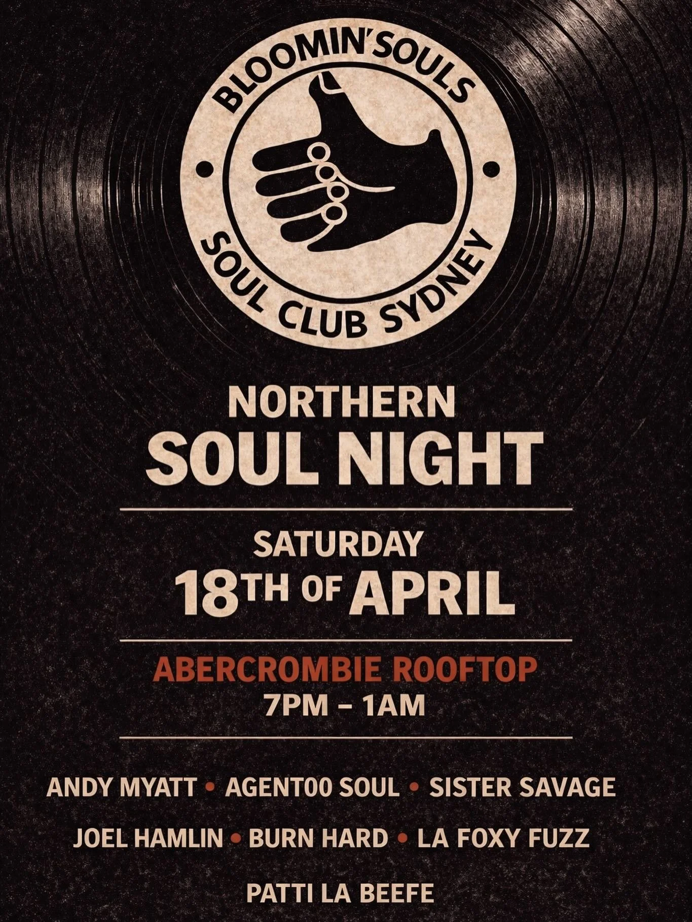 Blooming Souls Soul Club Sydney

We&rsquo;re back for round two @abercrombie.sydney 💫 
After a beautiful first night on the dance floor, we return to keep it moving.

Saturday 18 April 
7pm &ndash; 1am 
Abercrombie Rooftop, Sydney 

🎶Selectors 
@be