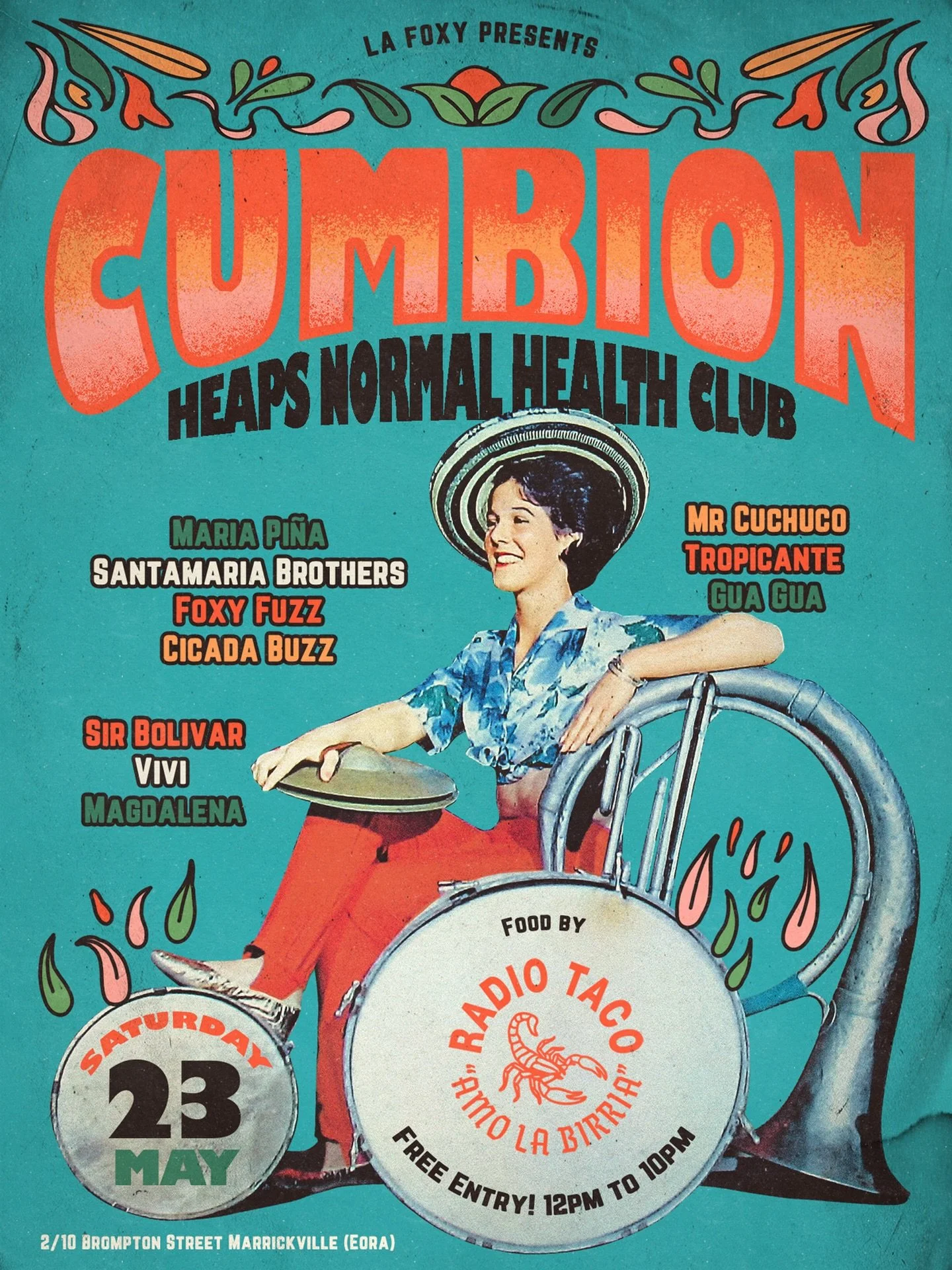 Sydney get ready for another Cumbi&oacute;n 🔥
after some time since the last one&hellip;
with delicious food by @radiotacoau 🌮
brought to you by @_foxy_fuzz 

This 23rd of May at @heapsnormal Health Club
from 12pm to 10pm
FREE ENTRY

A full day of 