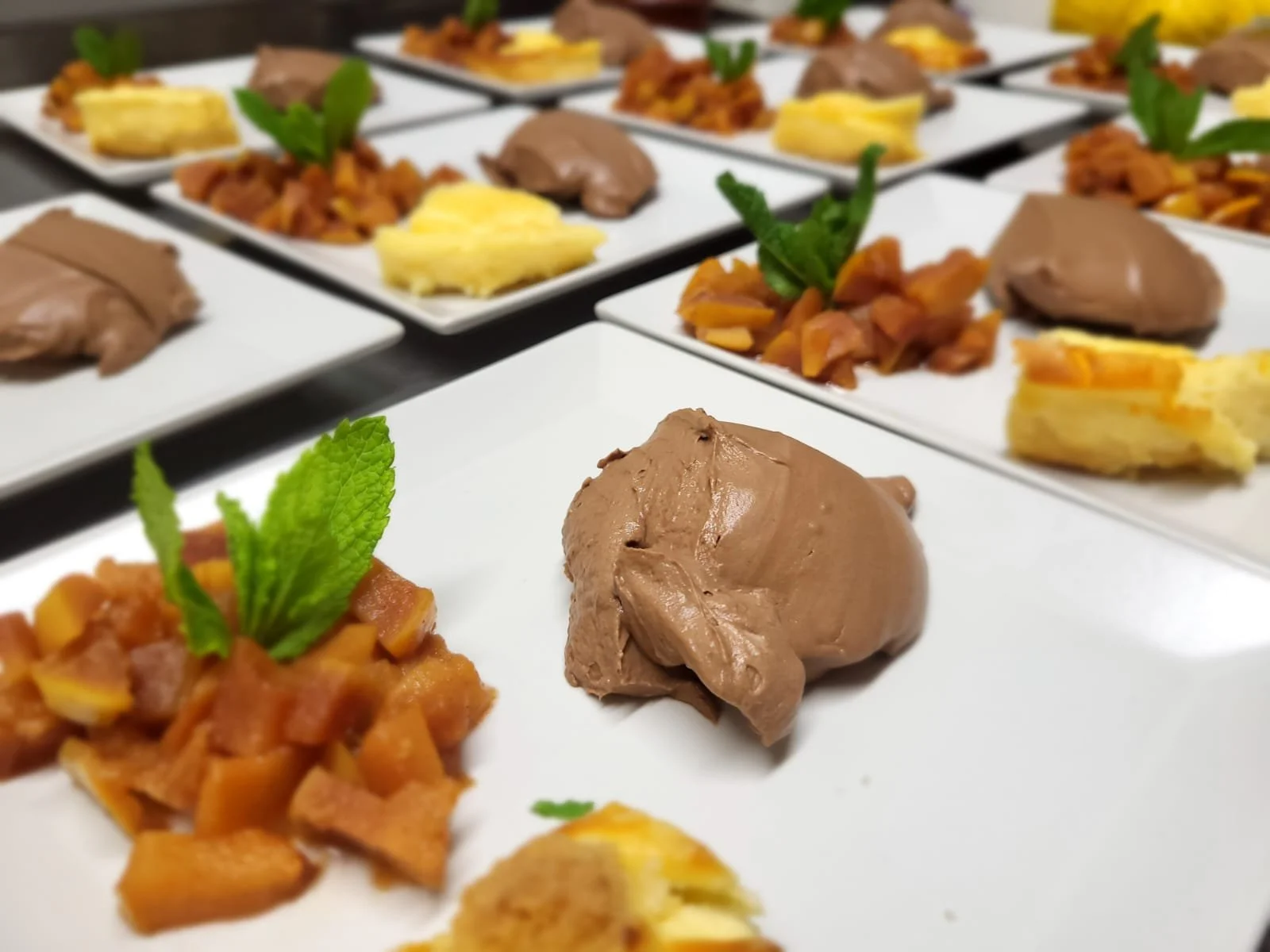 Mehrere Teller mit Dessertportionen, bestehend aus Schokoladenmousse, Fruchtkompott und einer kleinen Garnitur Minze, auf weißen rechteckigen Tellern.