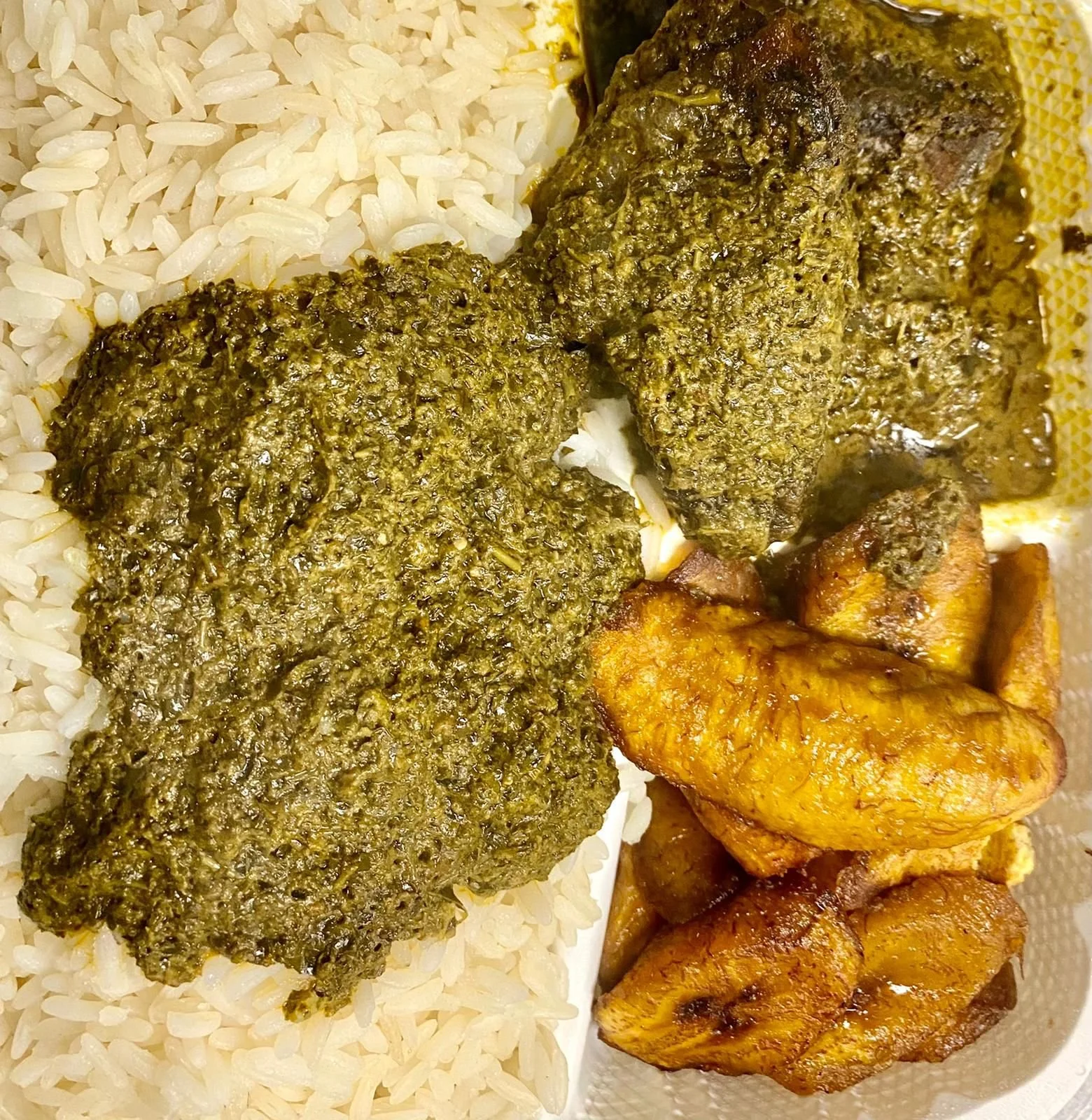 White Rice and Cassava Leaf w/ Beef and Plantains