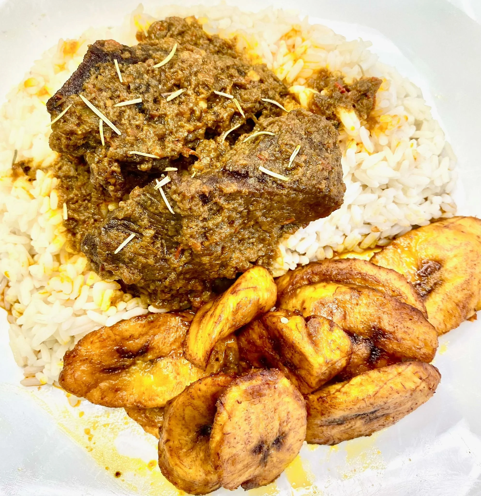 White Rice and Designer Stew w/ Beef and Plantains