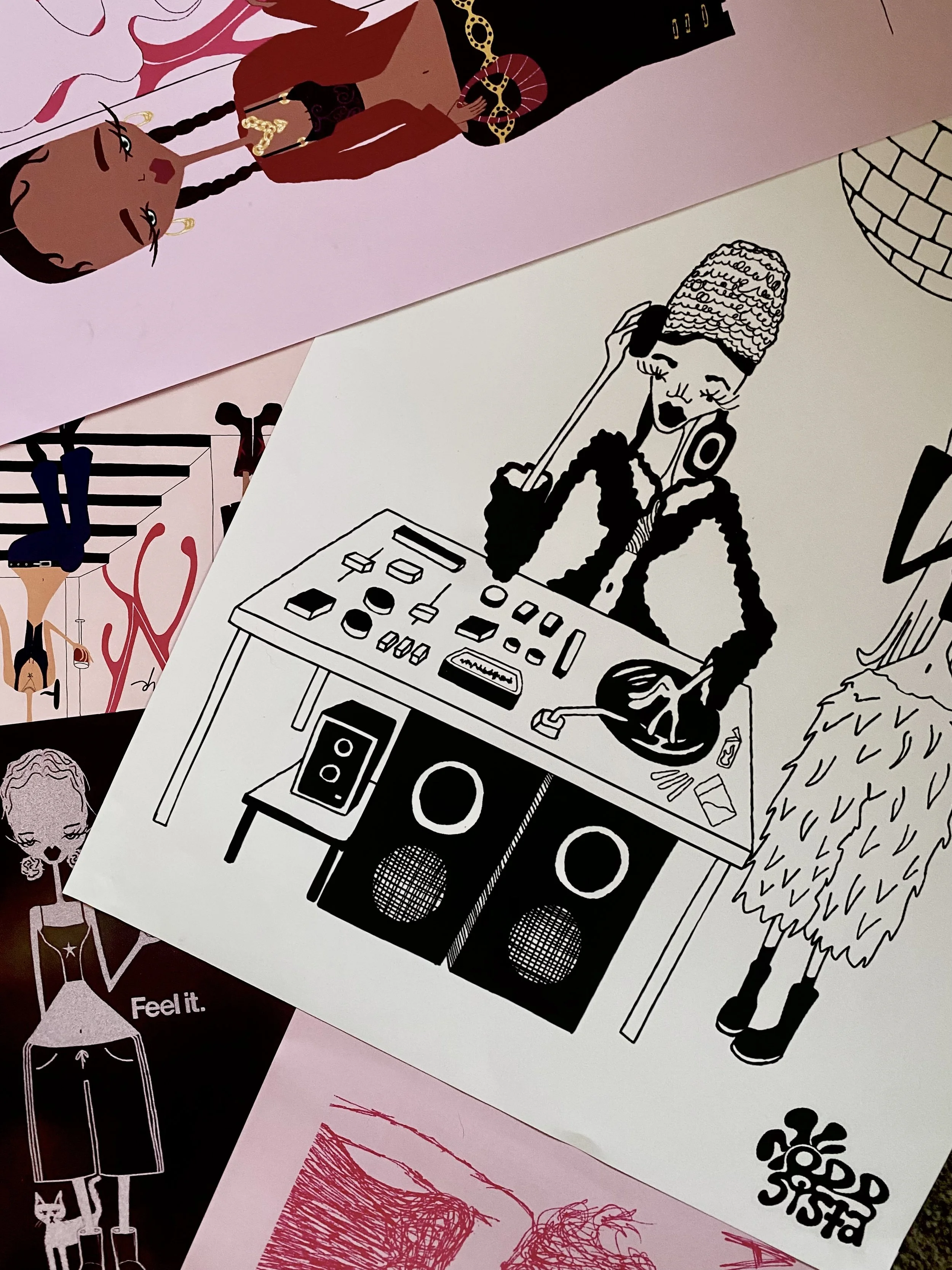 Black and white illustration of a woman wearing a hat, with headphones, standing at a DJ turntable, with large speakers below. To the right, part of a fluffy coat and boots are visible.