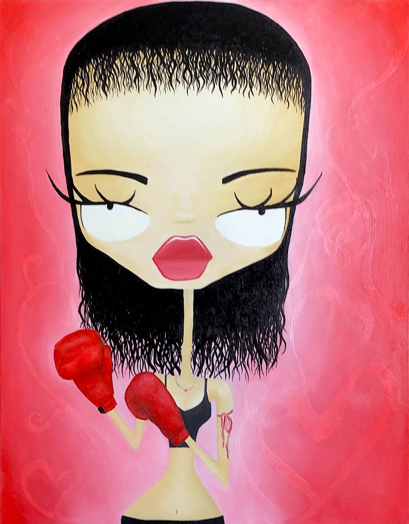 A cartoon of a woman with long black wavy hair, red lipstick, and eyes closed, wearing black boxing gloves and a black sports bra, against a pink background with faint heart patterns.