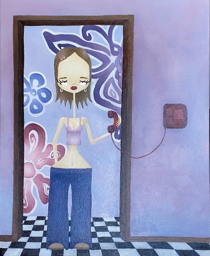 An of a woman standing in a doorway, holding a telephone. She has shoulder-length brown hair, wears a pink top, blue jeans, and is positioned against a colorful, abstract background with butterflies and swirls. The floor has a black and white checkered pattern, and there is a wall-mounted telephone on the right side of the door.