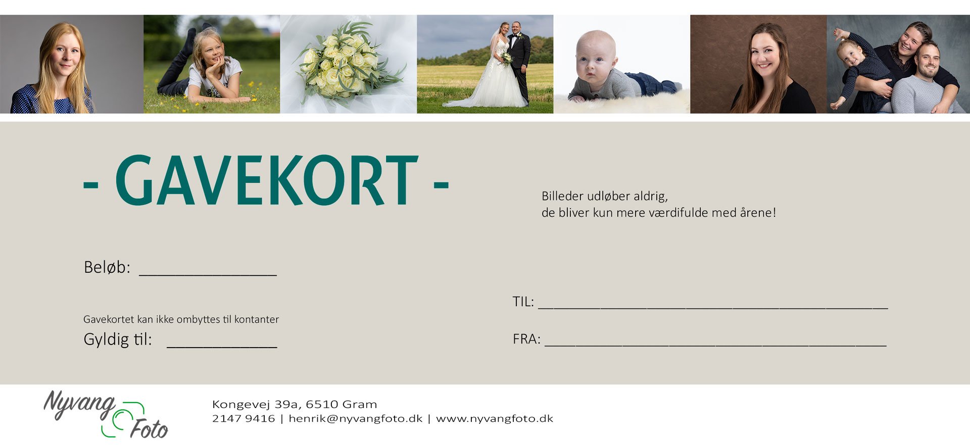Gavekort til fototjenester med billeder af forskellige personer, en bryllupsfoto, en baby, en pige, og en familie. Tekst på gavekortet inkluderer 'GAVEKORT', 'Beløb', 'TIL', 'FRA' og information om gyldighed og kontaktoplysninger.