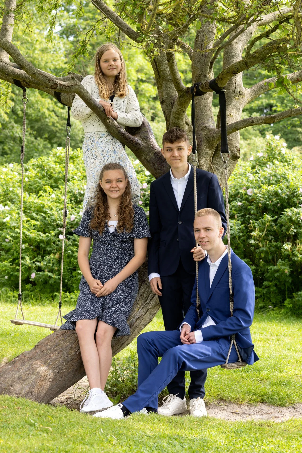 Fem unge mennesker omkring et træ, hvoraf en pige sidder på en gynge og en anden pige sidder på en gren. To drenge står ved træet, hvoraf en sidder på en gynge og den anden står ved grenene.