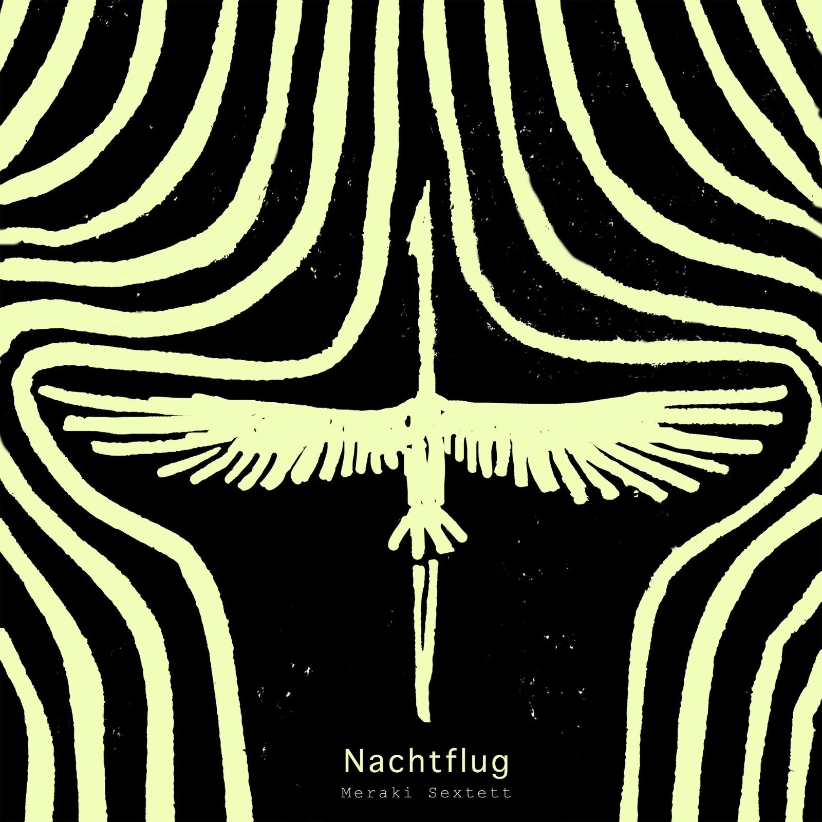 Book cover for 'Nachtflug' by Meraki Sextett, featuring a stylized white bird on a black background with curving white lines.