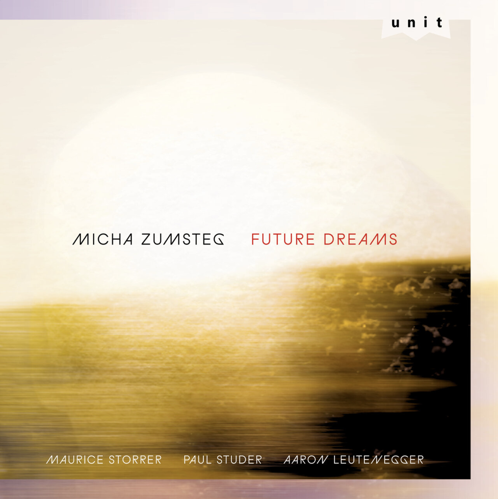 Album cover art with a yellow and black abstract background, the title 'Future Dreams' in red, and the names Maurice Storrer, Paul Studer, and Aaron Leutenegger at the bottom.