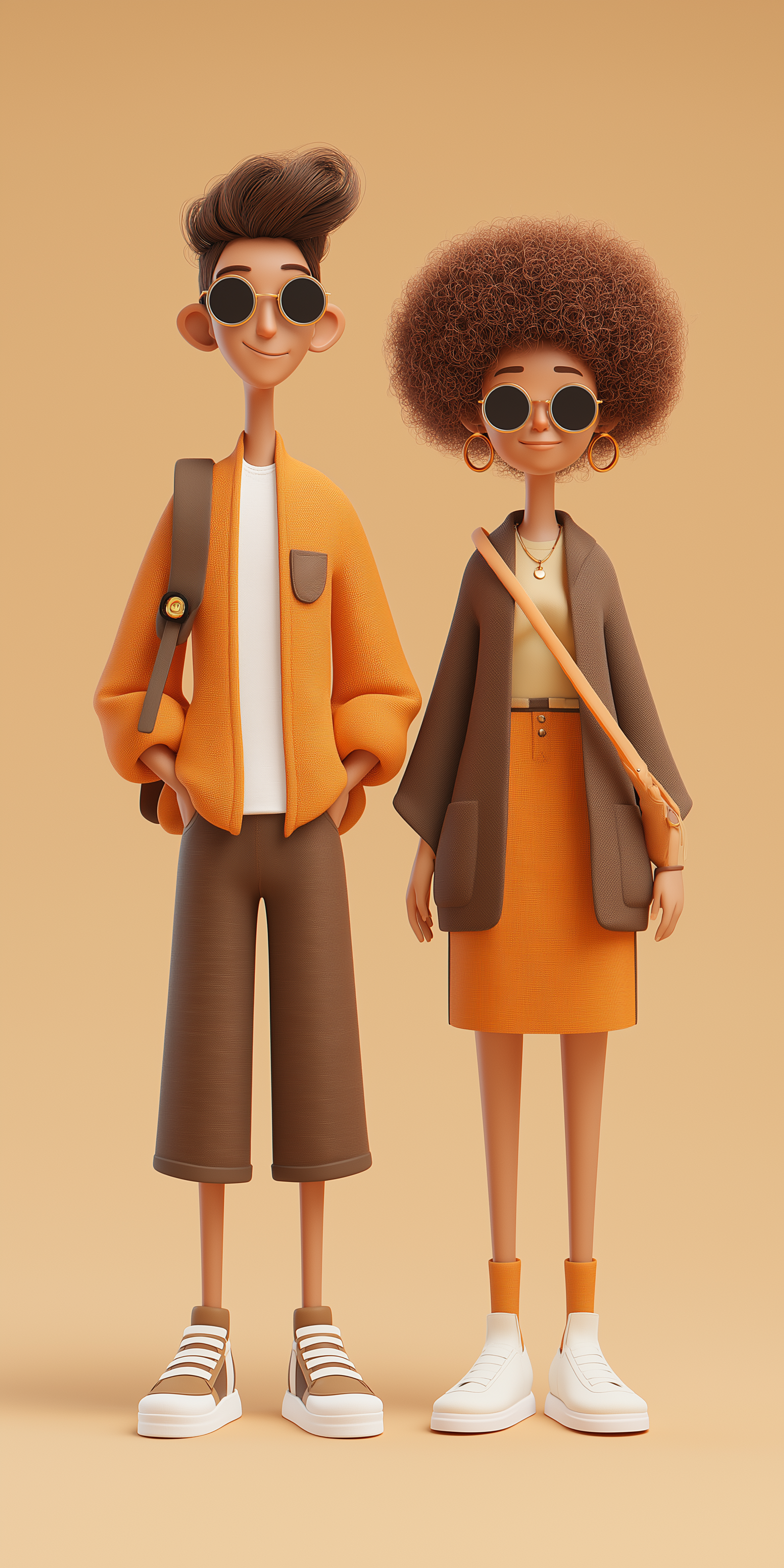Stylized animated characters of a young man and woman standing side by side in warm orange-toned outfits. The man has brown hair styled upward and is wearing sunglasses, an orange jacket, white t-shirt, brown pants, and sneakers, with a backpack stra