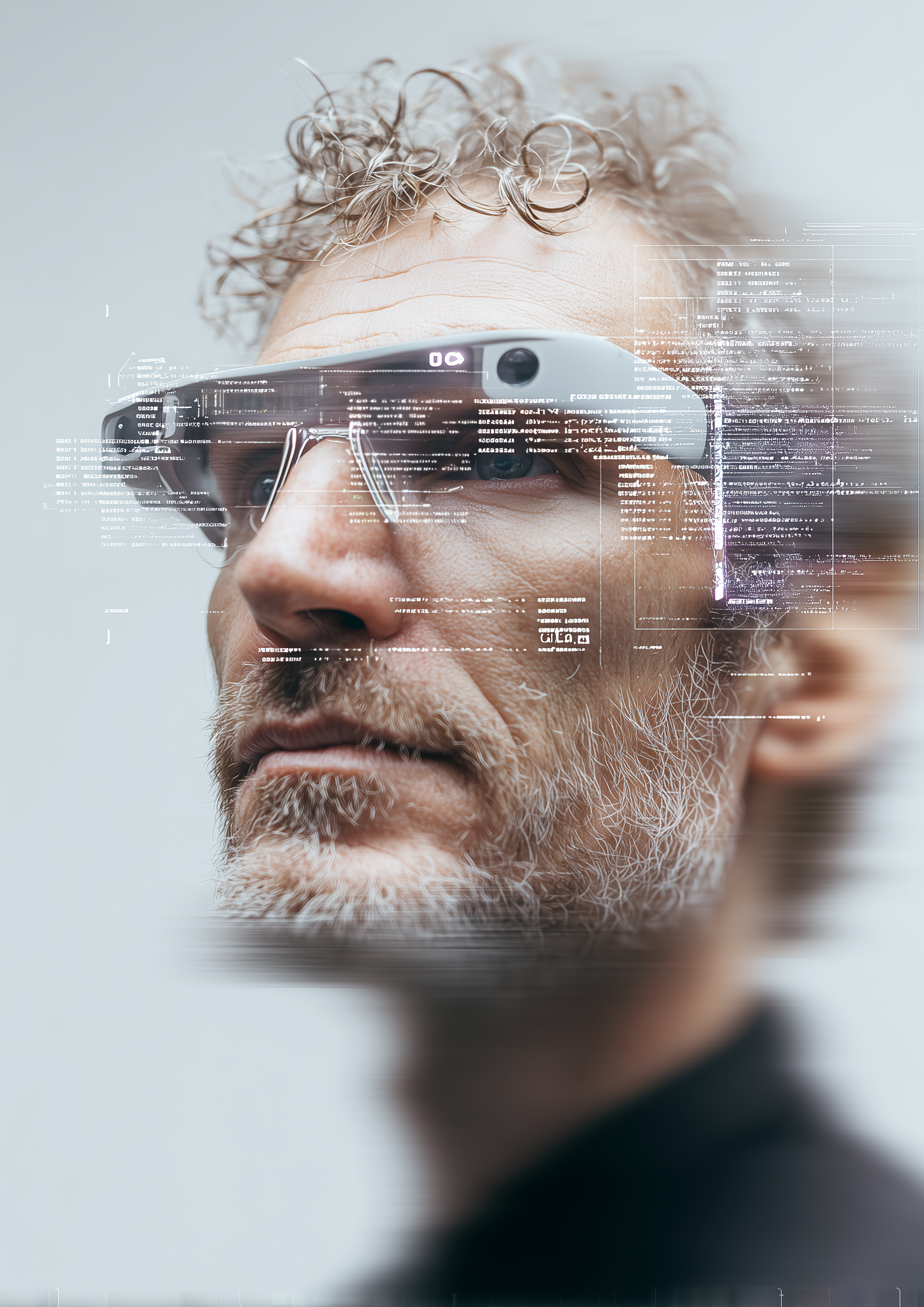 Close-up of a man with gray hair and a beard wearing augmented reality glasses with digital interface overlays.