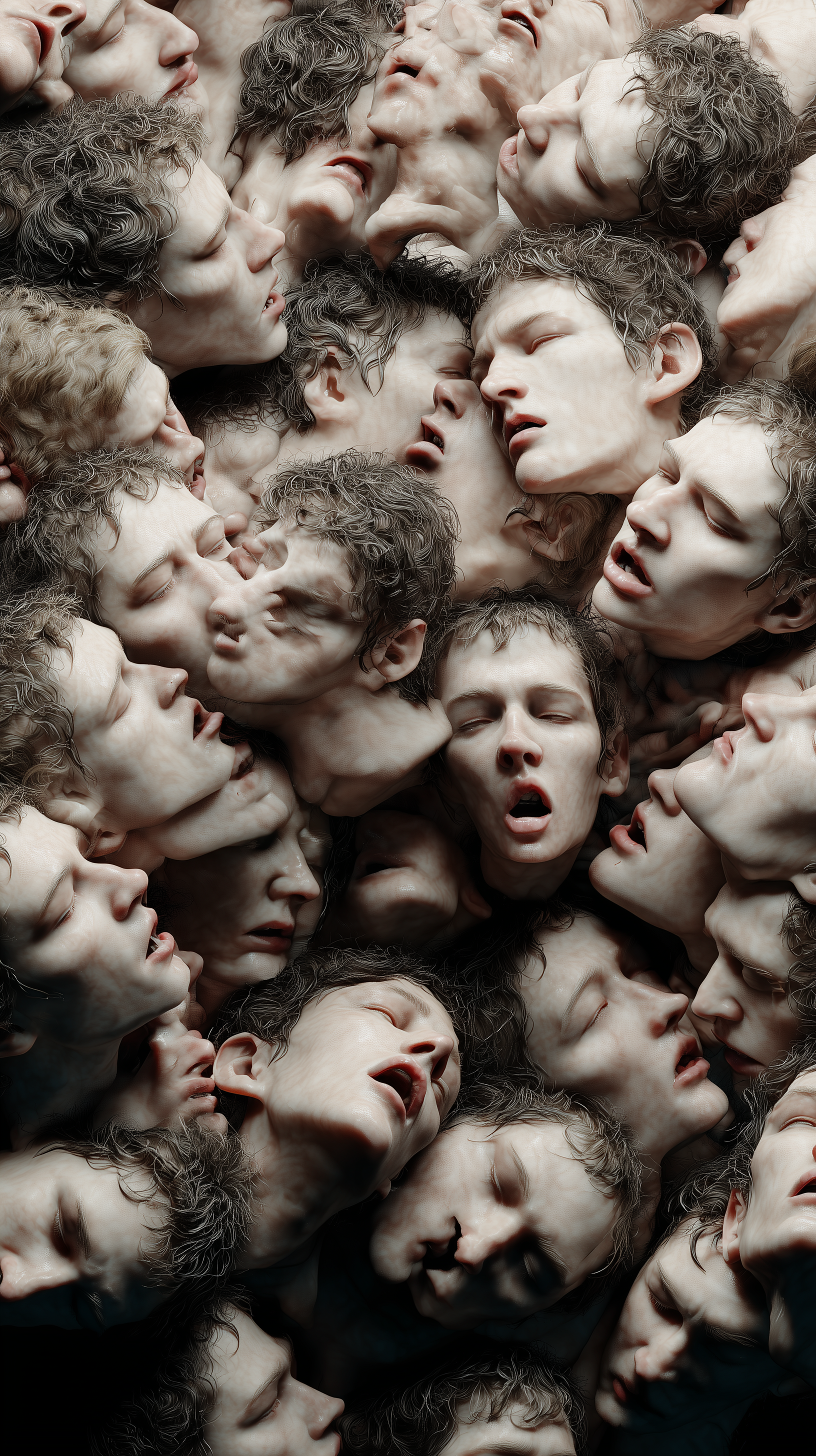 A dense cluster of human faces with various expressions, some appearing distressed or pained, tightly packed together.