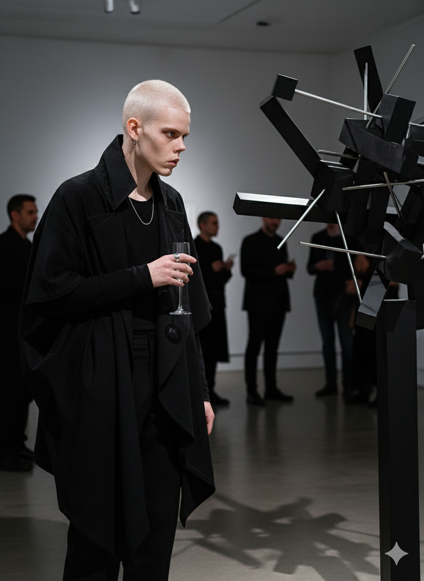 A person with bleached platinum blonde hair, dressed in black, holding a wine glass at an art gallery, observing an abstract black and metal sculpture.