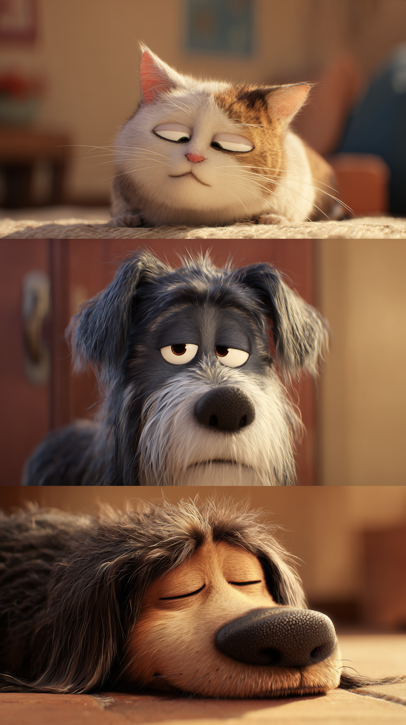A collage of three animated animals: a cat with a skeptical expression, a dog with a bored expression, and another dog sleeping peacefully.